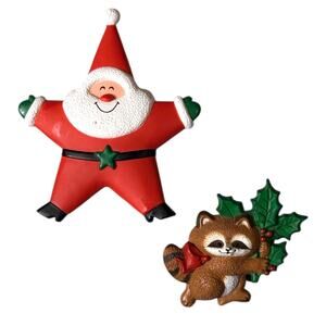 Vintage Hallmark Christmas Brooches Santa Claus and Raccoon Holiday Pin Set